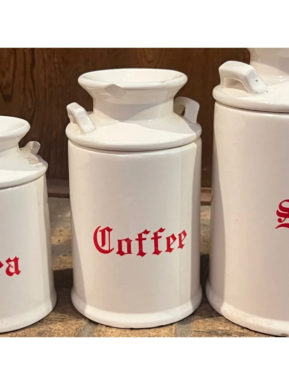 Vintage White Ceramic Kitchen Canister Set with Red Lettering - Tea, Coffee, 4-P